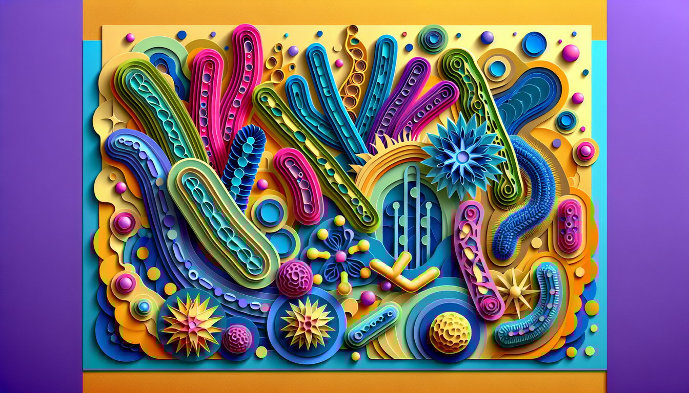 Paper art style bacterial cells and quiz title on golden yellow background inviting fun eubacteria facts challenge.
