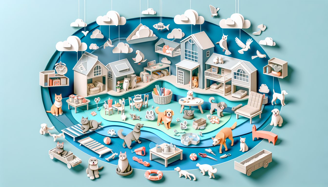 Paper art illustration for a pet personality quiz on a sky blue background