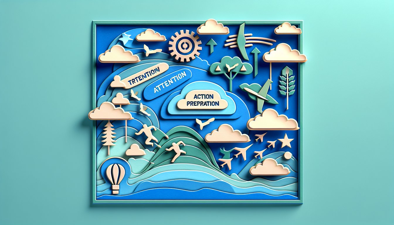Paper art illustration of brain gears stopwatch runner on sky blue backdrop for procedural memory attention action prep quiz
