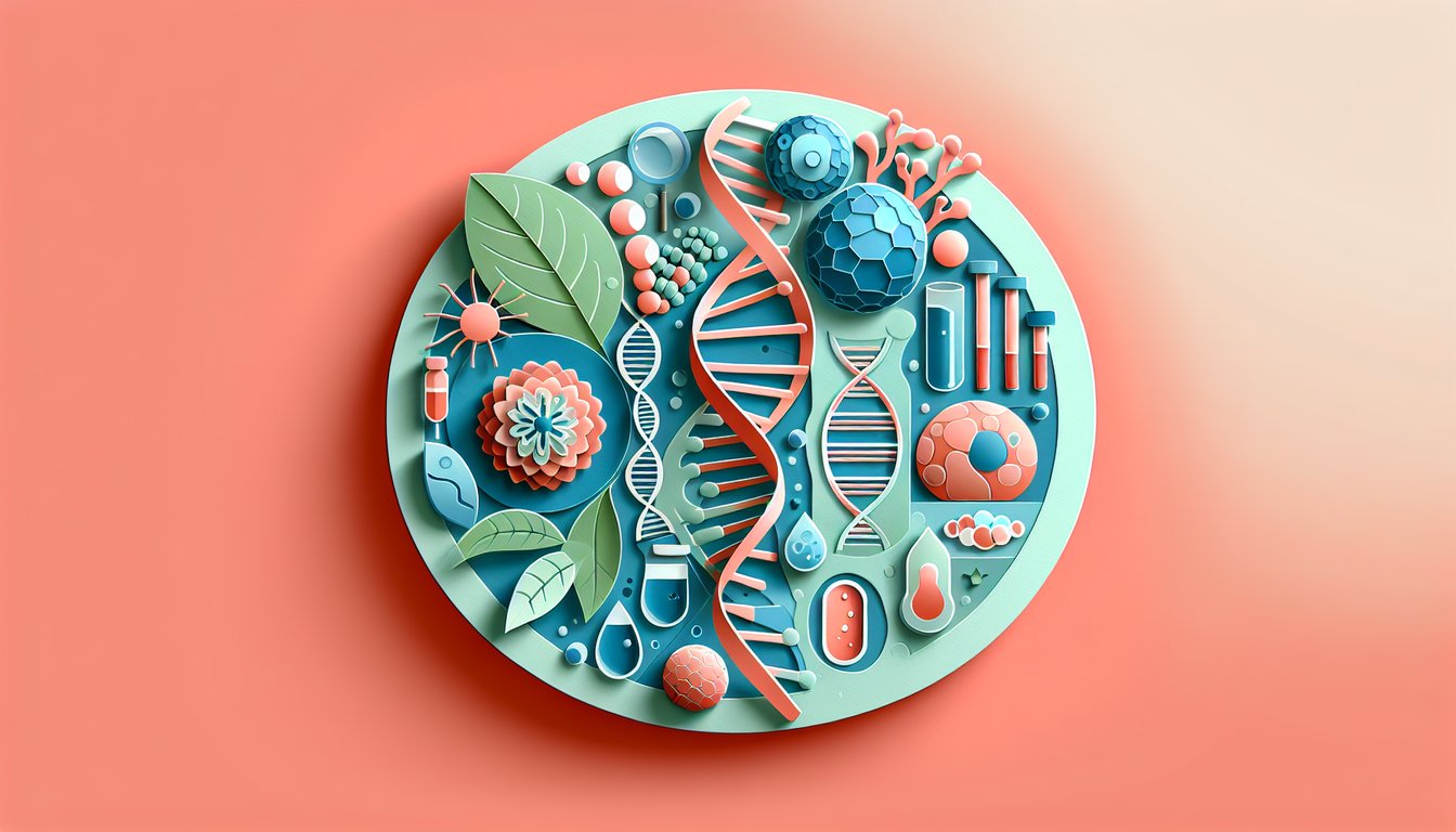 paper art style chapter 1 biology quiz design with leaf cell molecule flask microscope icons on coral background