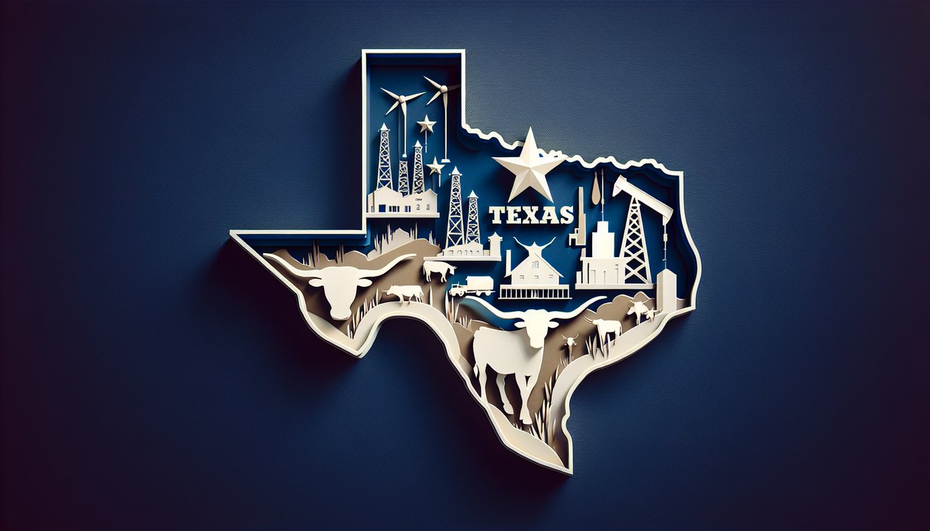 Paper art shapes form Texas star silhouette over layered blue and neutral paper on dark blue quiz background.