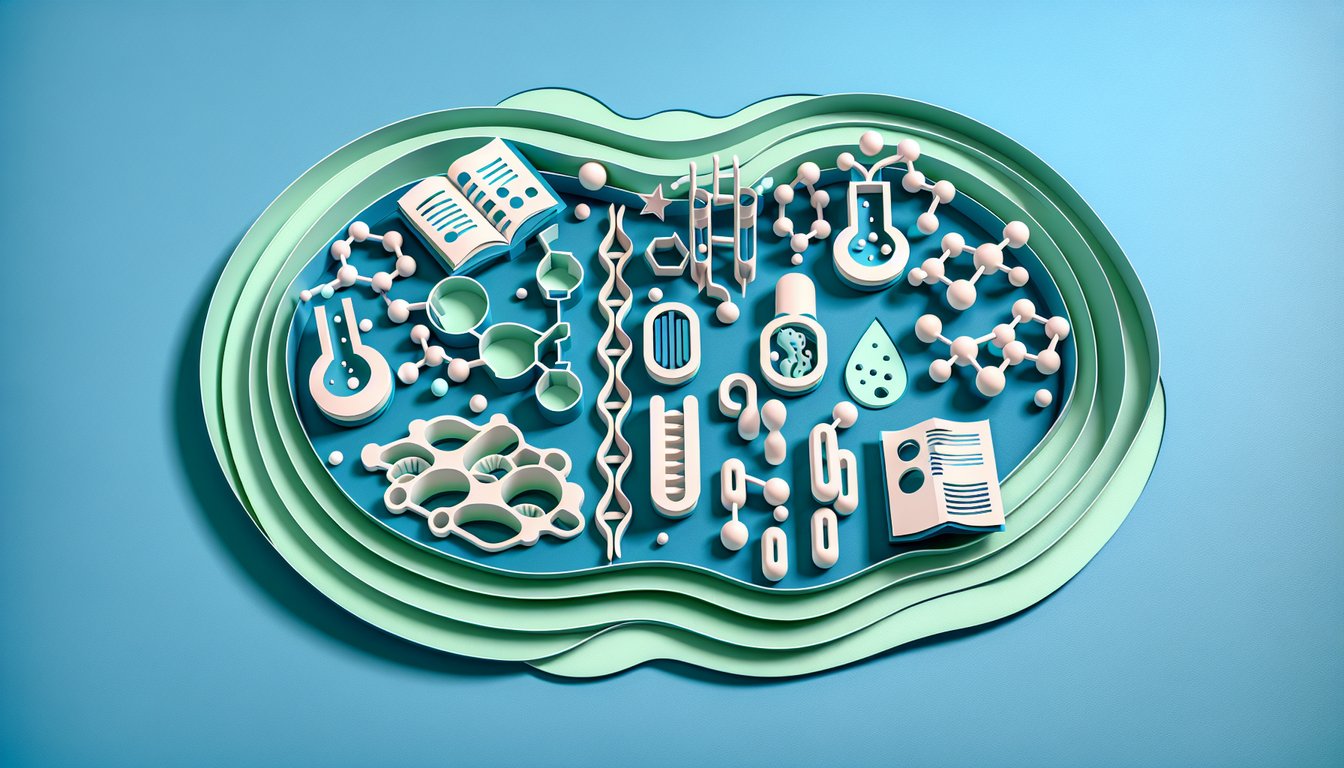 Paper art illustration of glycolysis and Krebs cycle quiz with stylized enzymes pathways on teal background.