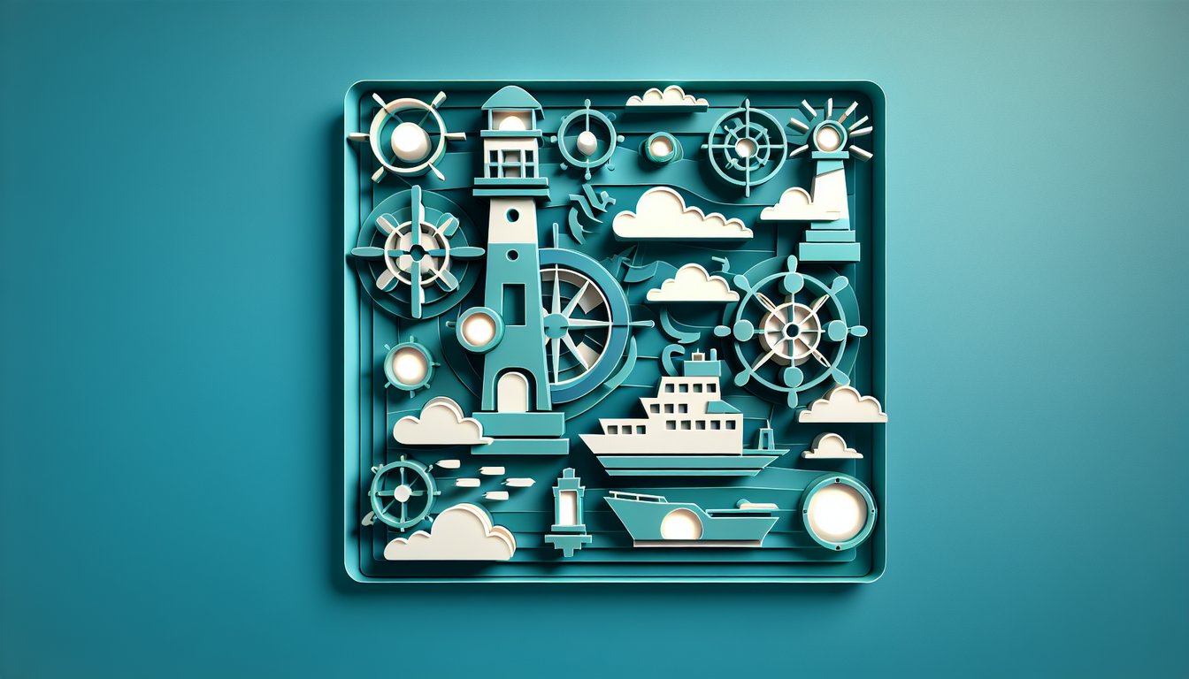 Paper art illustration of free COLREGS quiz with ships lights shapes navigation patterns on teal background