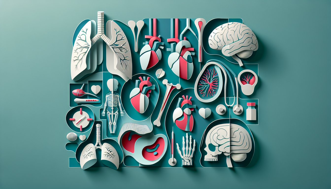 Paper art hearts lungs brain spine and bones on teal background for medical terminology quiz