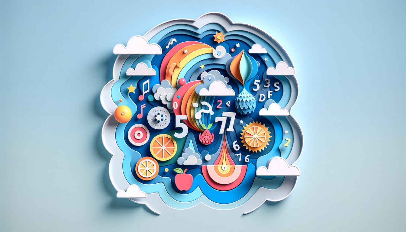 Colorful paper art illustrating synesthesia concepts on a sky blue background for a quiz