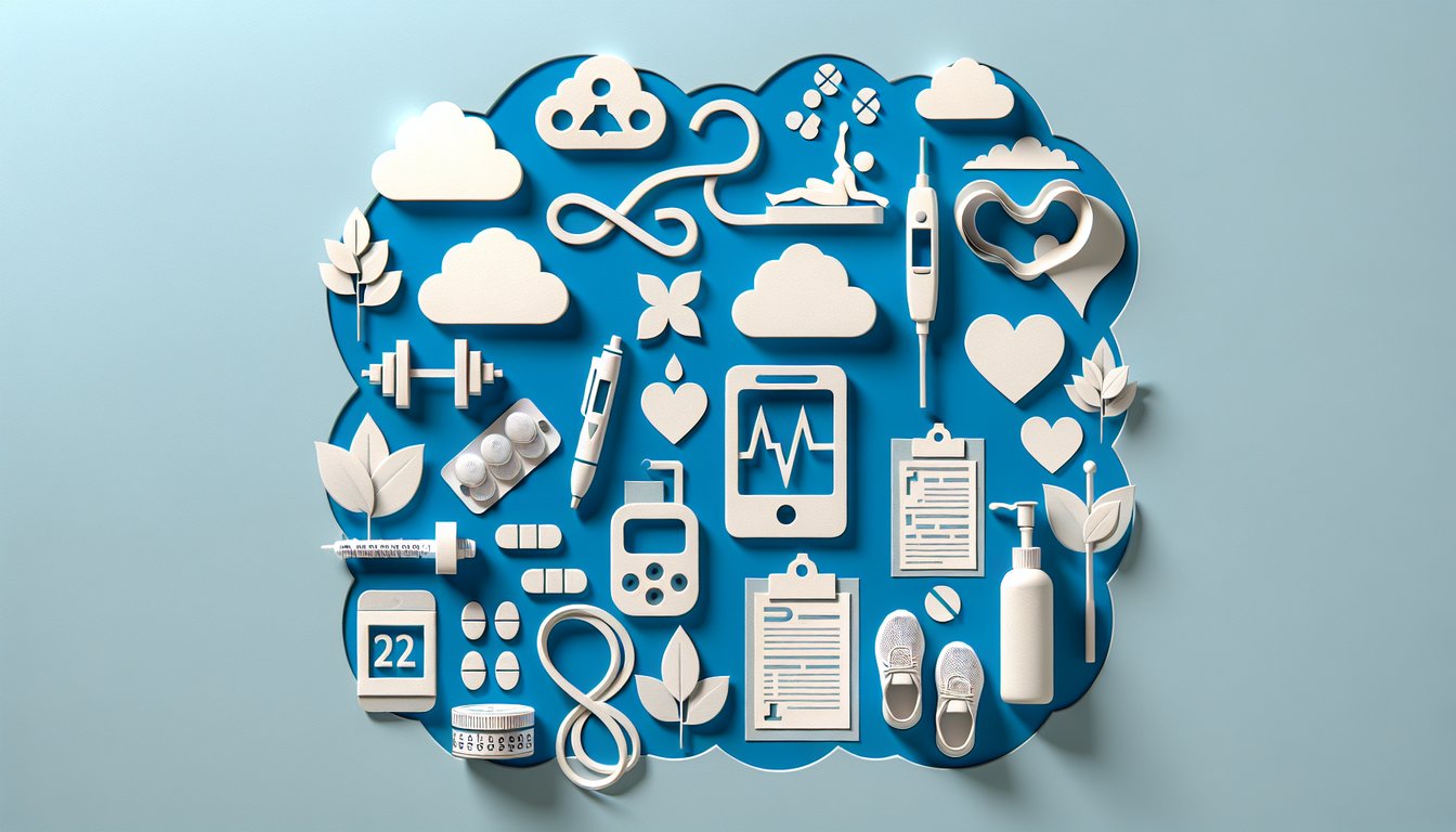Paper cut illustration on sky blue background with puzzle pieces pills leaves and banner for free chronic illness quiz.