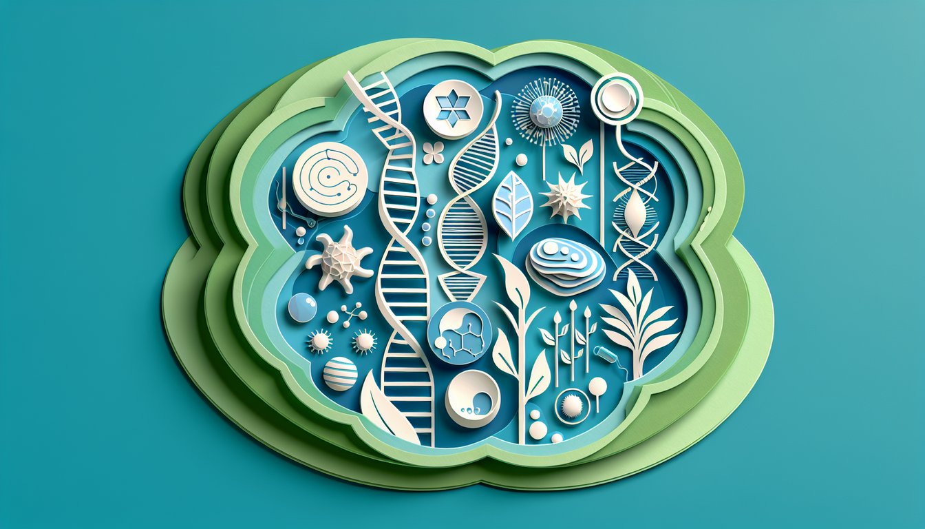 Paper art style illustration of biology quiz with cartoon cells, DNA helix, microscope, leaves on teal background