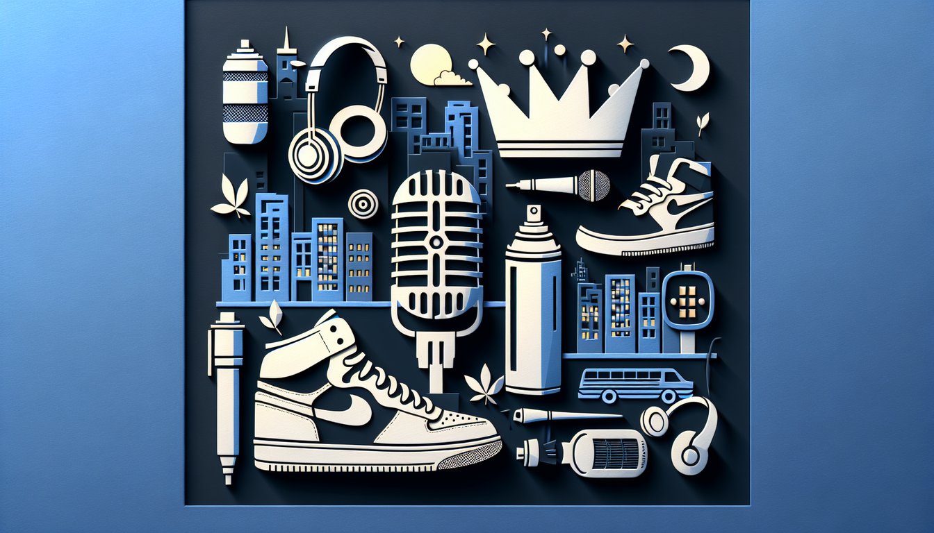Paper art style illustration with graffiti letters, urban icons for gangsta wannabe quiz on dark blue background