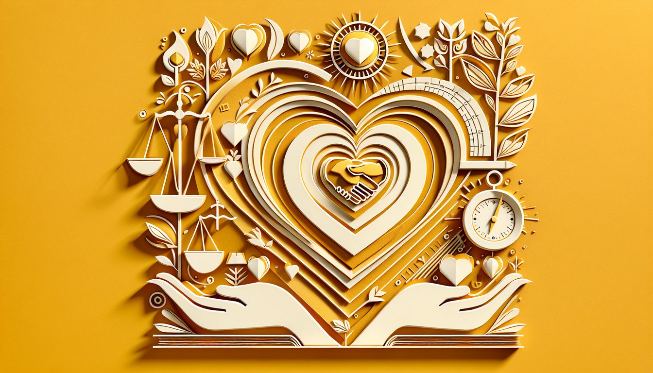 Paper art hearts and puzzle pieces layered on golden yellow background