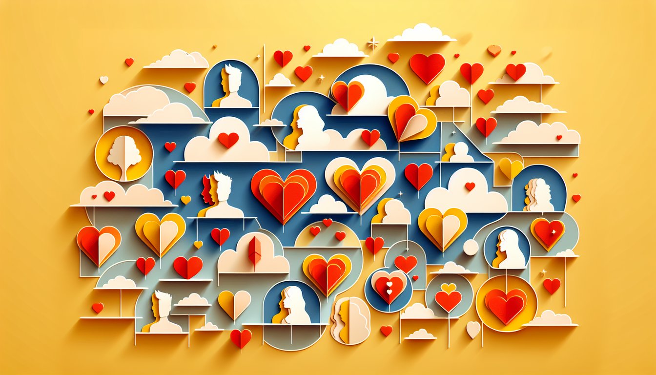 Paper art illustration for dating personality quiz on a golden yellow background