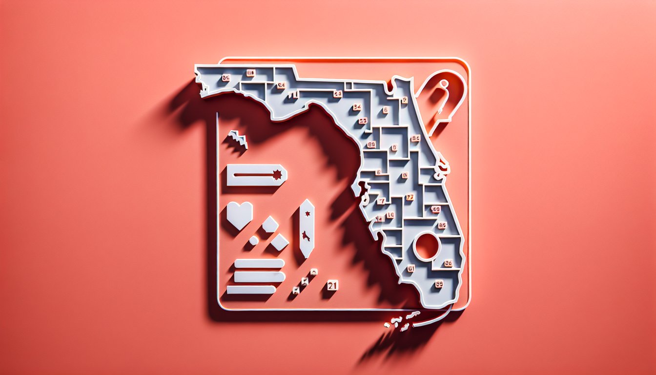 Paper art map of Florida counties on coral background with quiz prompt to identify each county and test geography skills