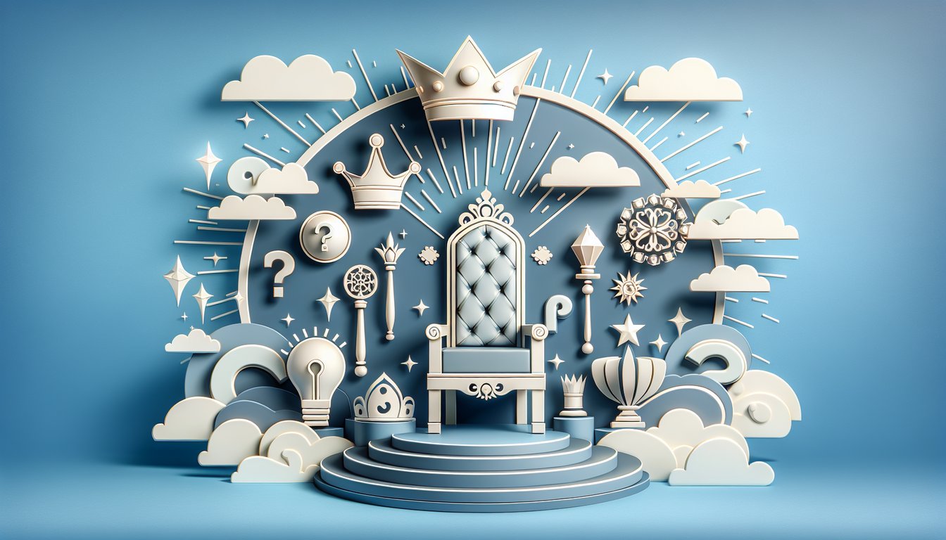 Paper art crowns scepters shields and silhouettes on sky blue background evoking royal quiz theme.