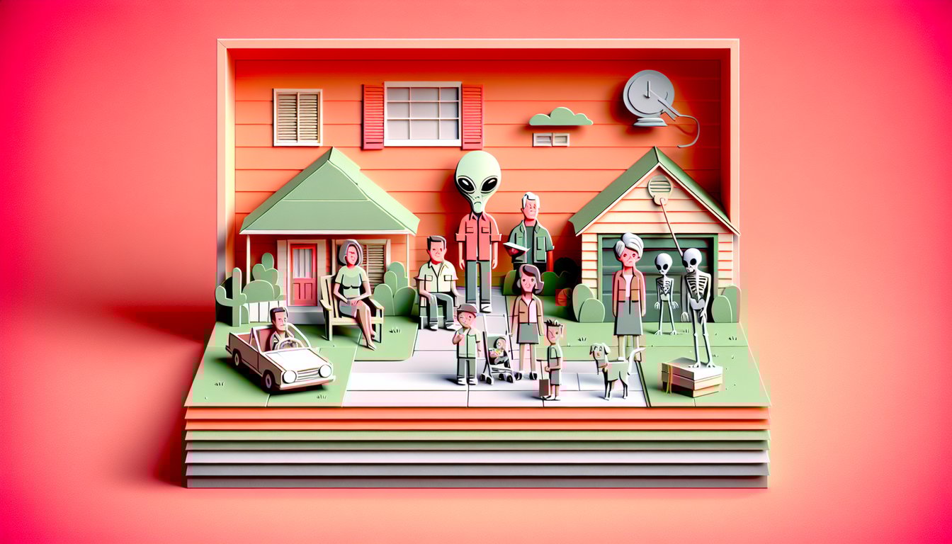 Paper cut style illustration for American Dad quiz on coral background with stylized characters and quiz icons.