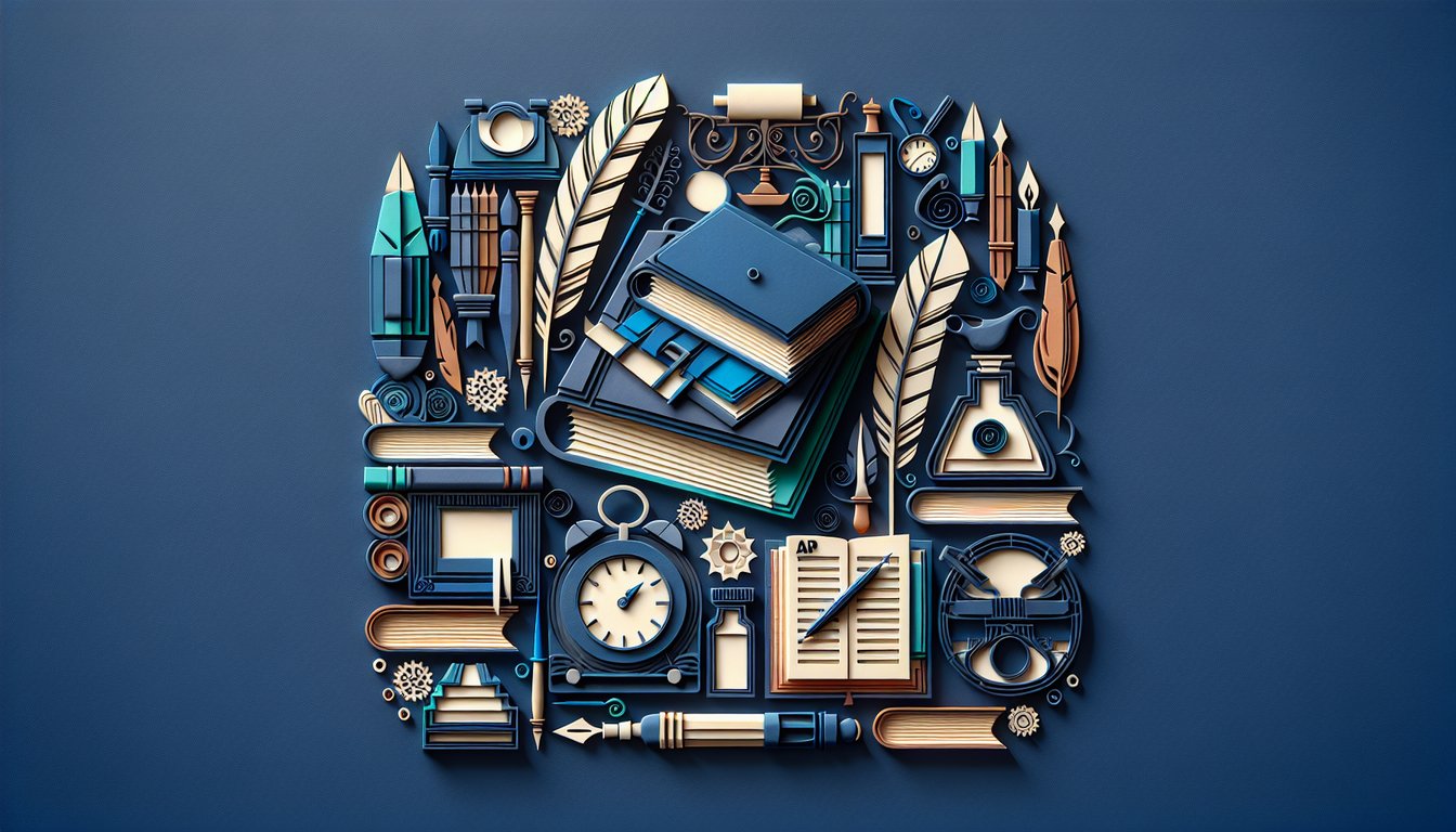 Paper art illustration for an AP English Literature practice quiz on a dark blue background.