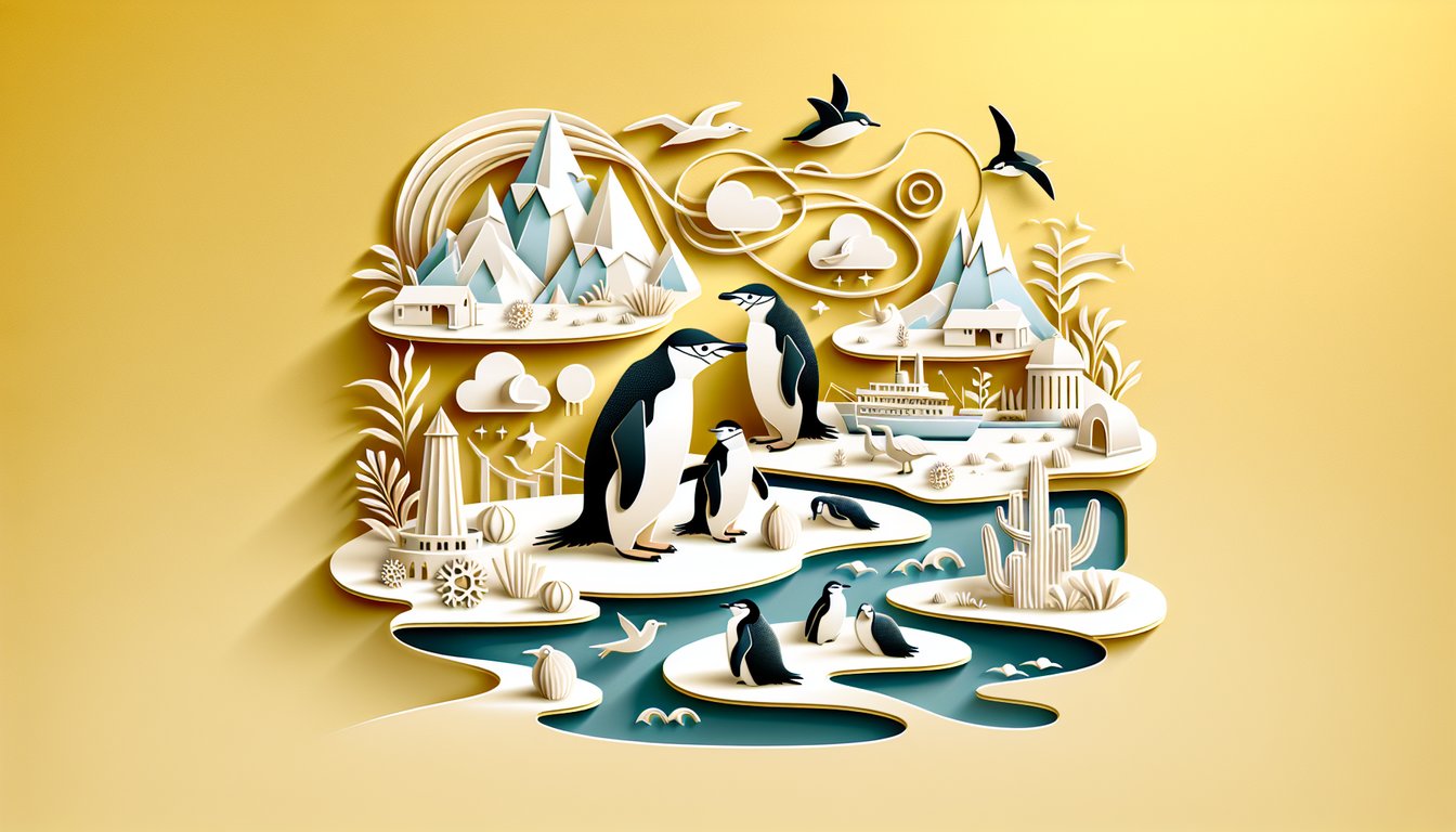 Paper art chinstrap penguins quiz graphic on golden yellow background