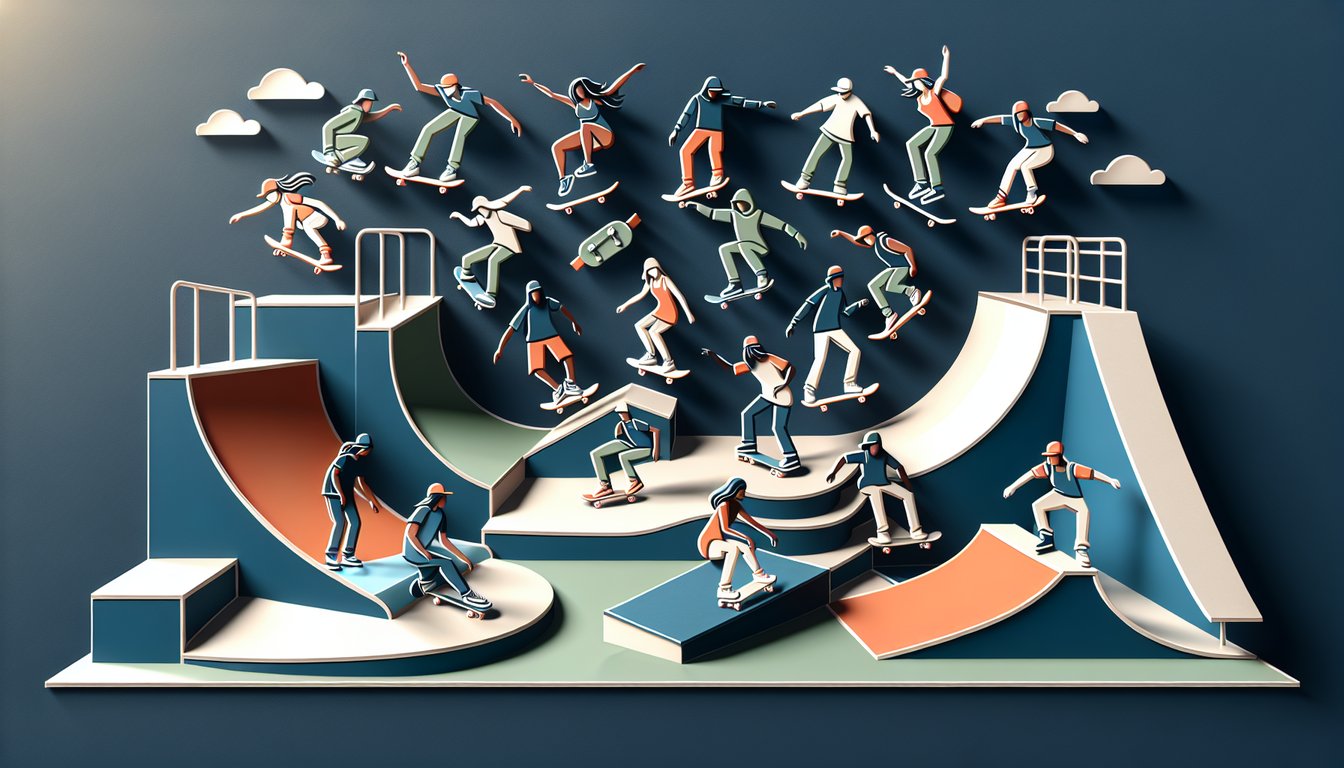 Paper art illustration for Poser Skater quiz on dark blue background