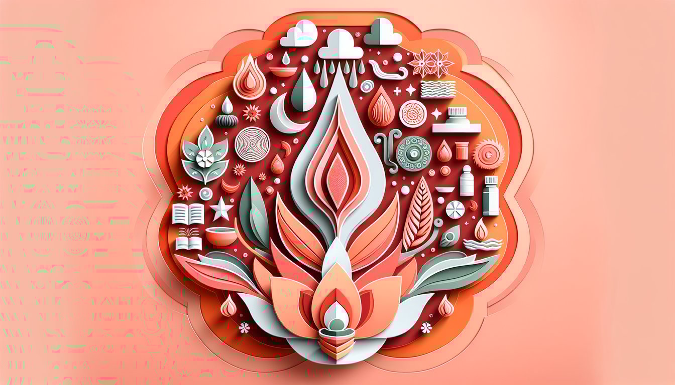 Paper art illustration for Ayurveda Vata Pitta Kapha test quiz on a coral background
