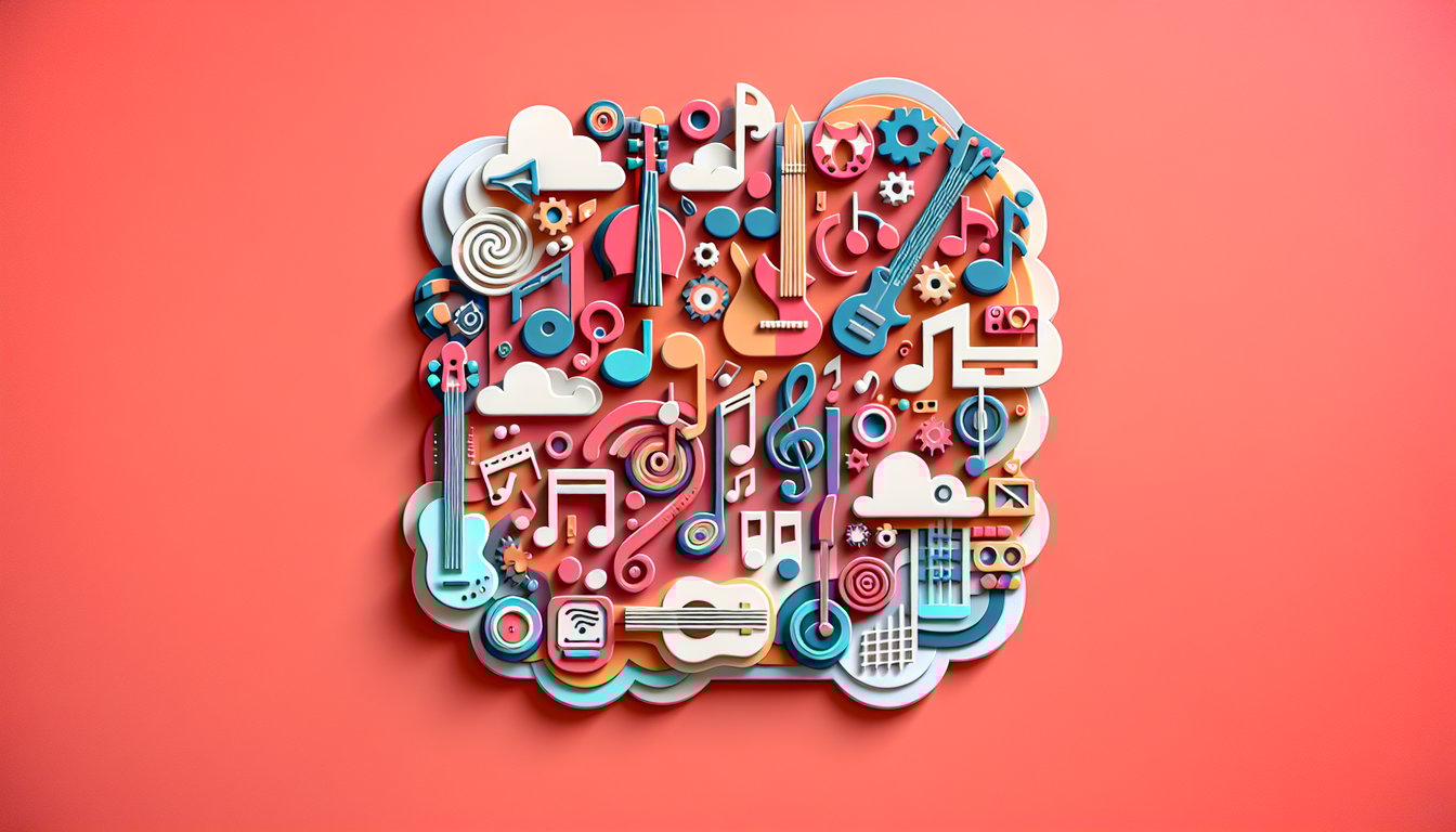 Paper art illustration for music trivia quiz on a coral background