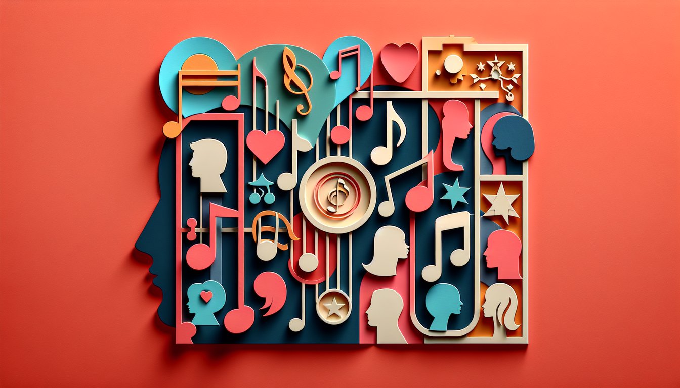 Bright coral background with layered paper cut musical notes, headphones, question marks, and quiz banner.