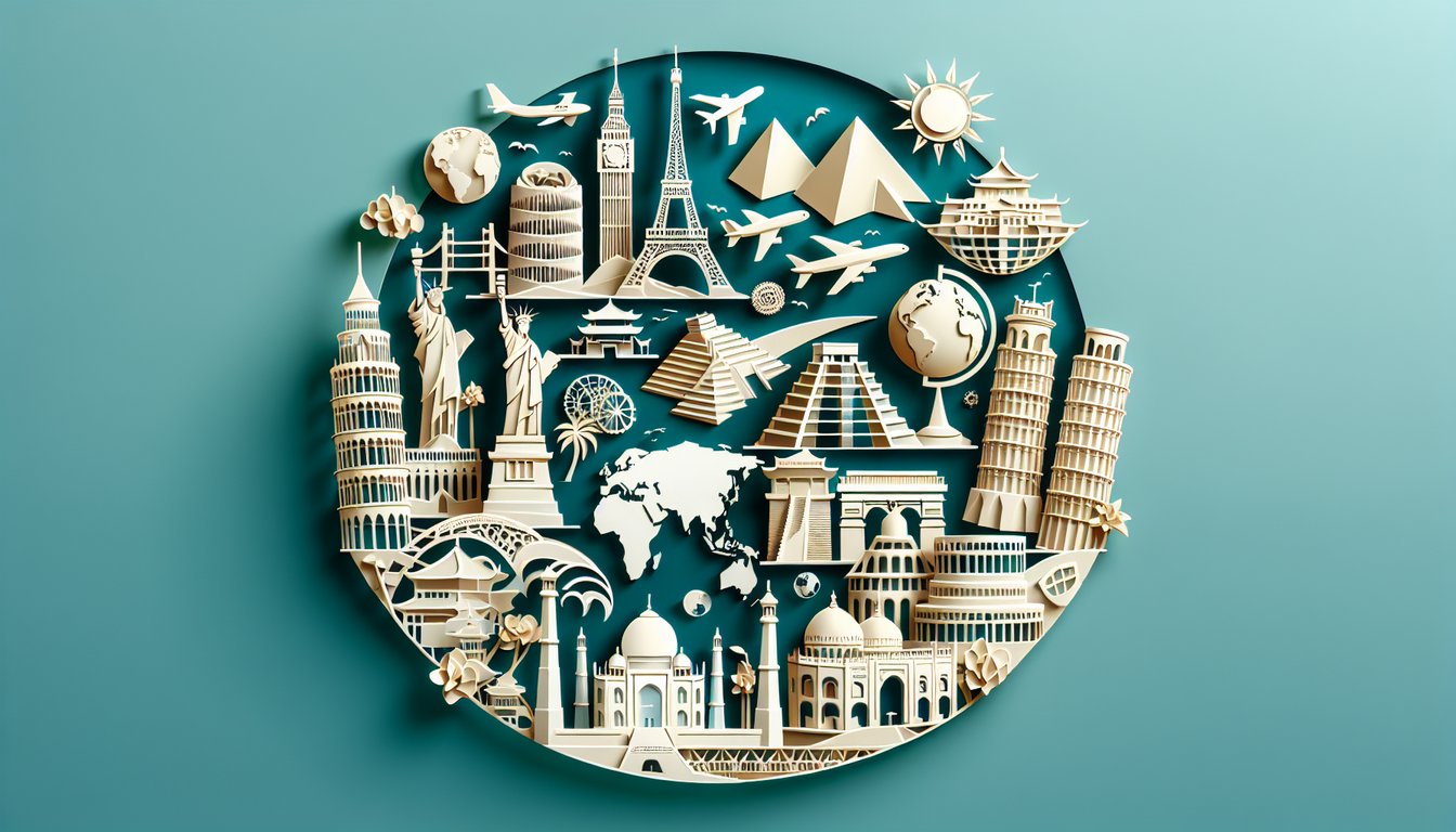 Paper art world map shapes, location pins on teal background promoting Name the Country geography quiz