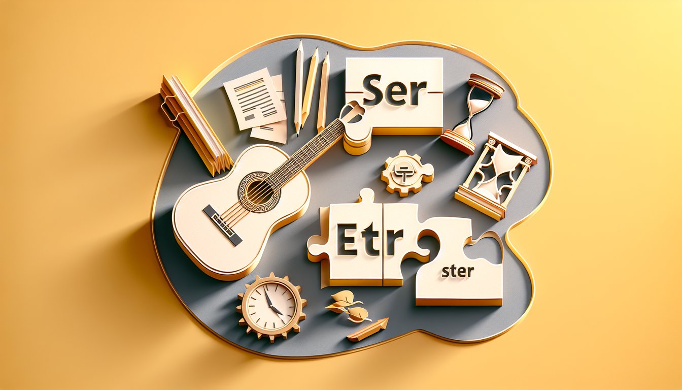 Paper art illustration featuring SER and ESTAR letters and quiz title on golden yellow background
