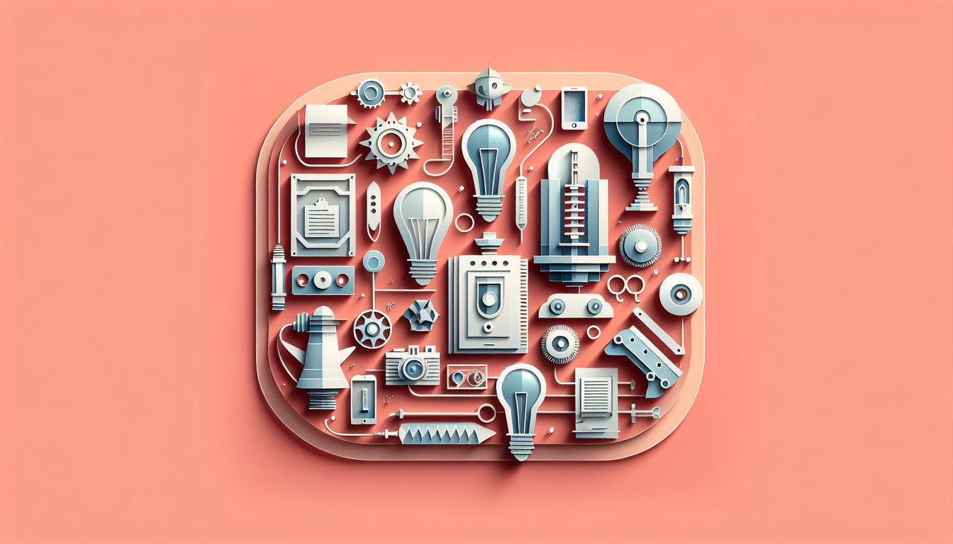 Paper art silhouettes of light bulb rocket airplane car computer on coral background, quiz about 20th century inventions