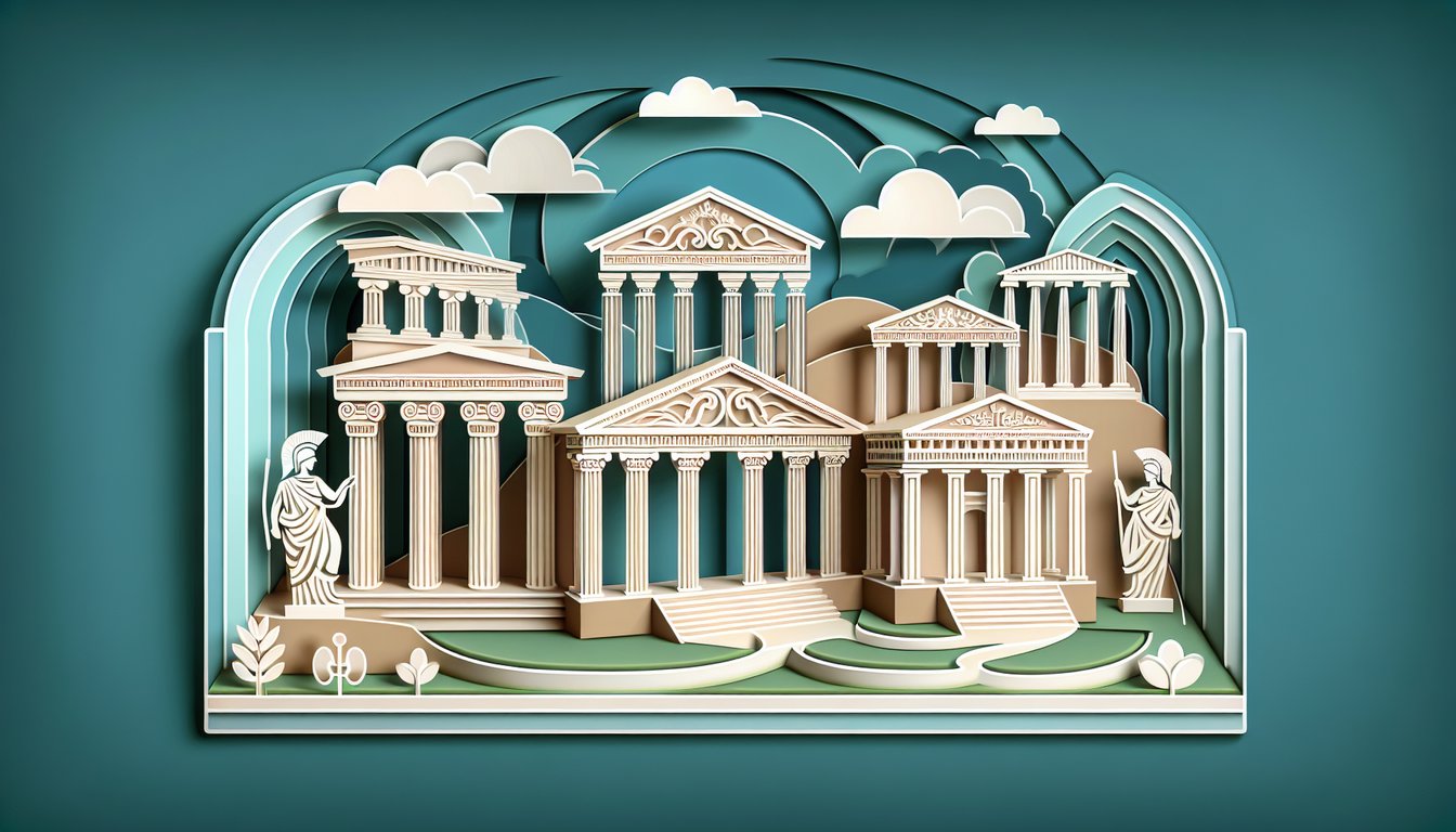 Paper cutout illustration of ancient Greek temple pillars and laurel wreath on teal background for Greek architecture quiz