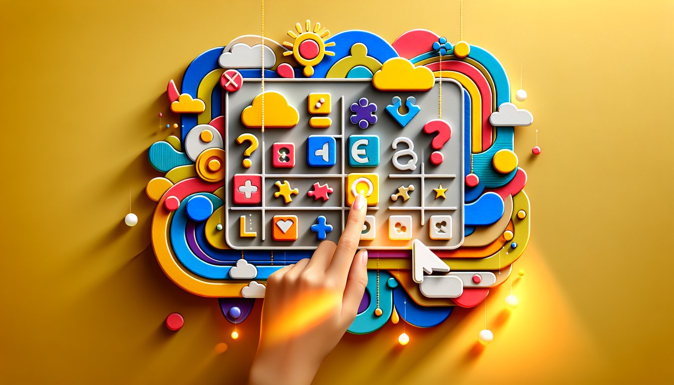 Paper-cut style quiz scene with cursor question marks colorful speech bubbles on golden yellow background