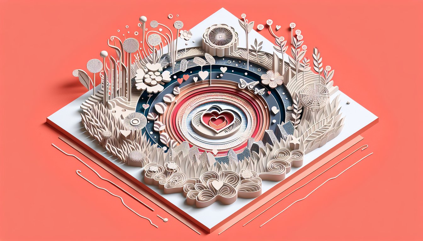 Paper art illustration for love fate quiz on a coral background.