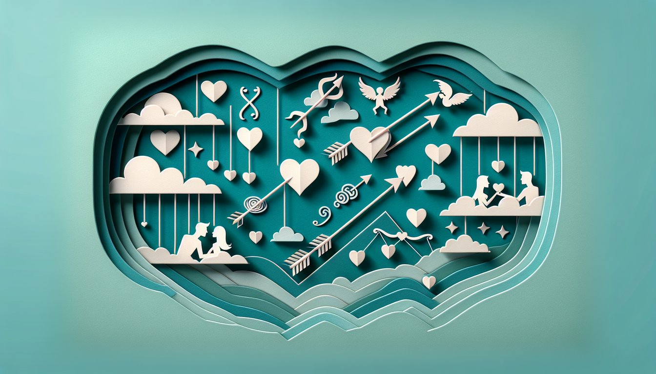 Paper art illustration for quiz about uncovering secret crushes on a teal background