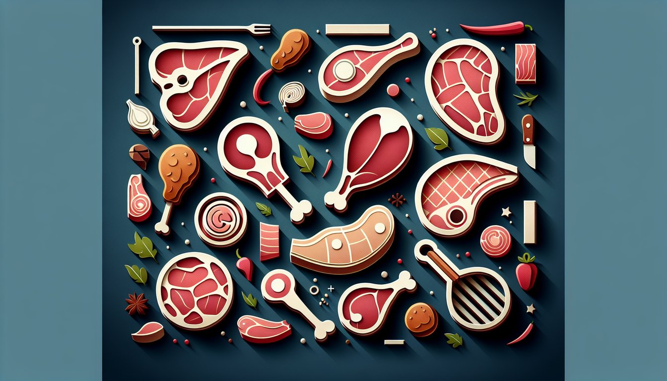 Paper art meat cuts on dark blue background with quiz inviting challenge of meat knowledge and mastery of primal cuts.