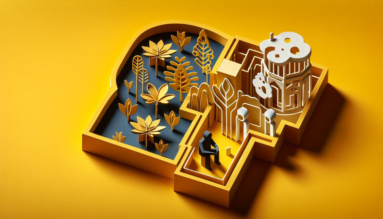 Paper cutout figures gathered around question symbol layered on golden yellow background symbolizing peer pressure quiz