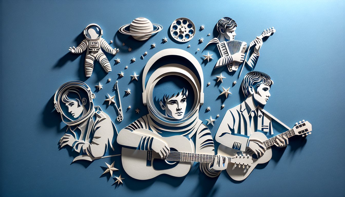 Layered paper art with abstract face film reel and question mark on sky blue background for Timothee Chalamet quiz