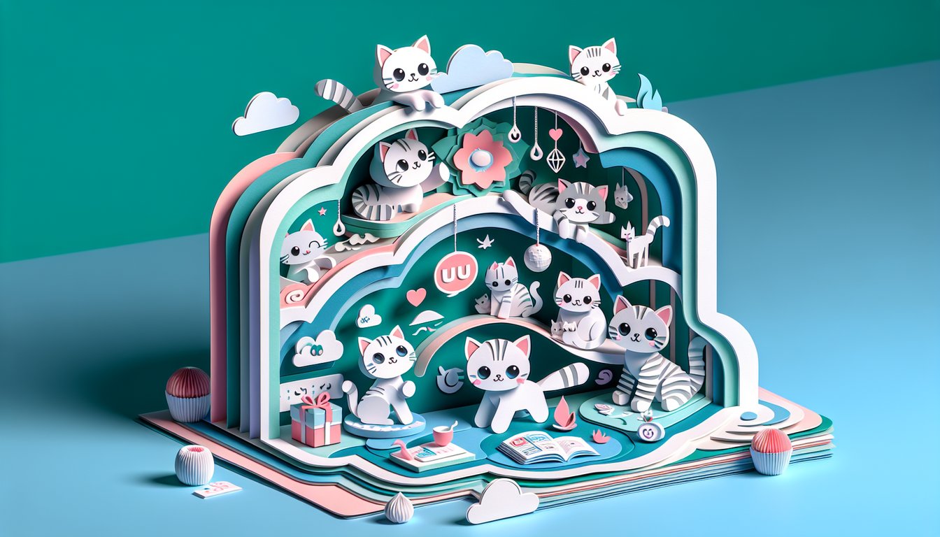 Paper art illustration for uwu Discord kitten personality quiz on a teal background