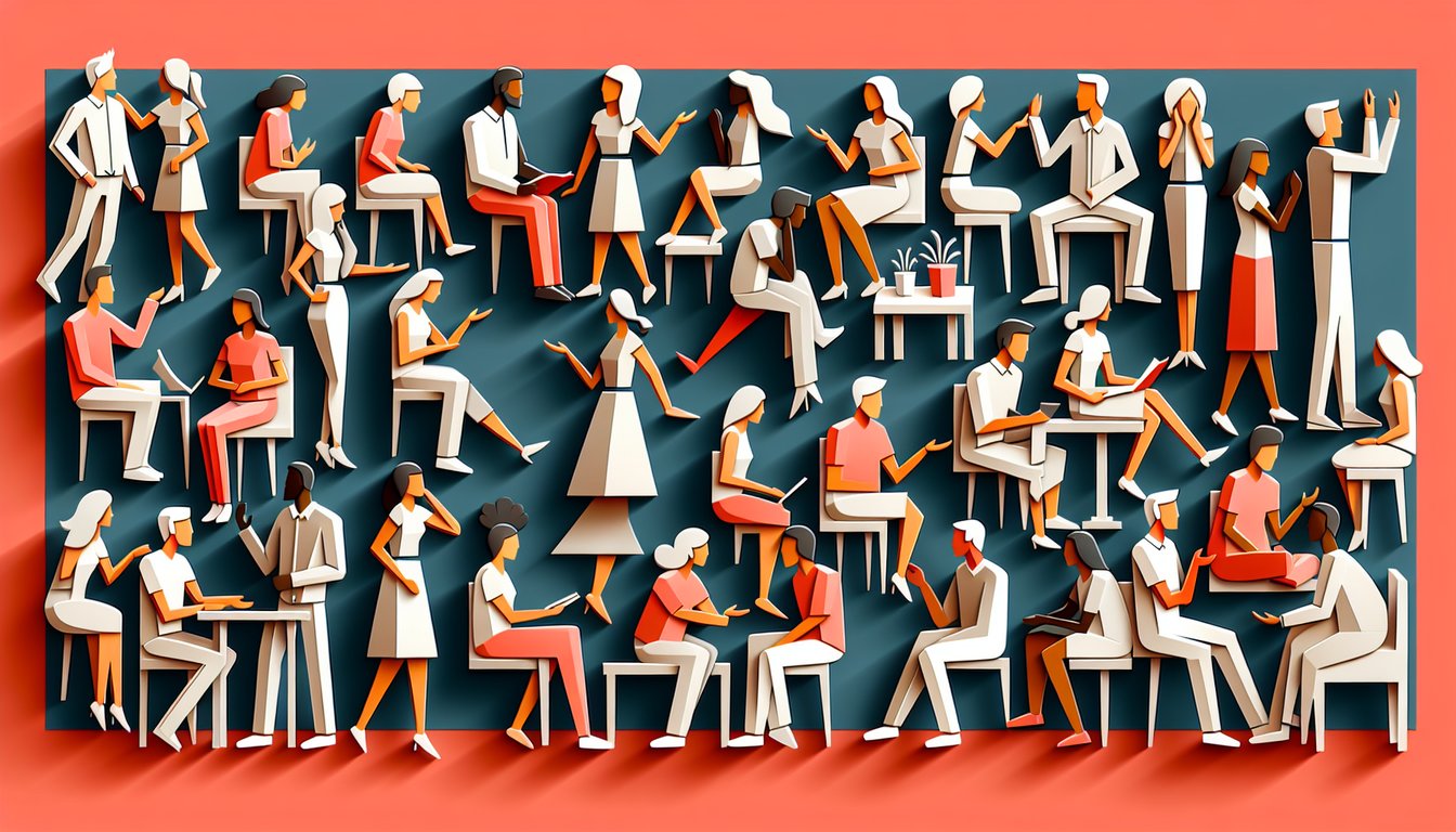 Paper art illustration of diverse people chatting with speech bubbles and social skills quiz text on coral background
