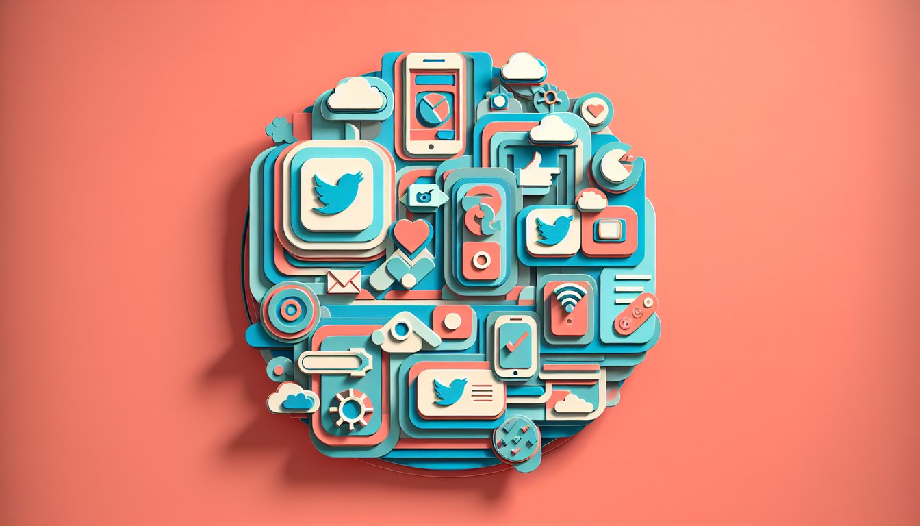 Paper art smartphone and twitter bird icons floating over quiz form on coral background