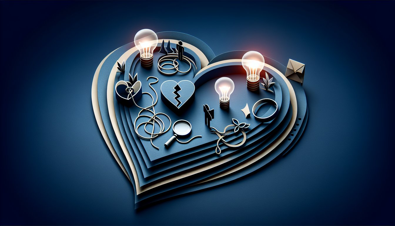 paper art broken heart with magnifying glass and checklist on dark blue background quiz uncovering cheating partner signs