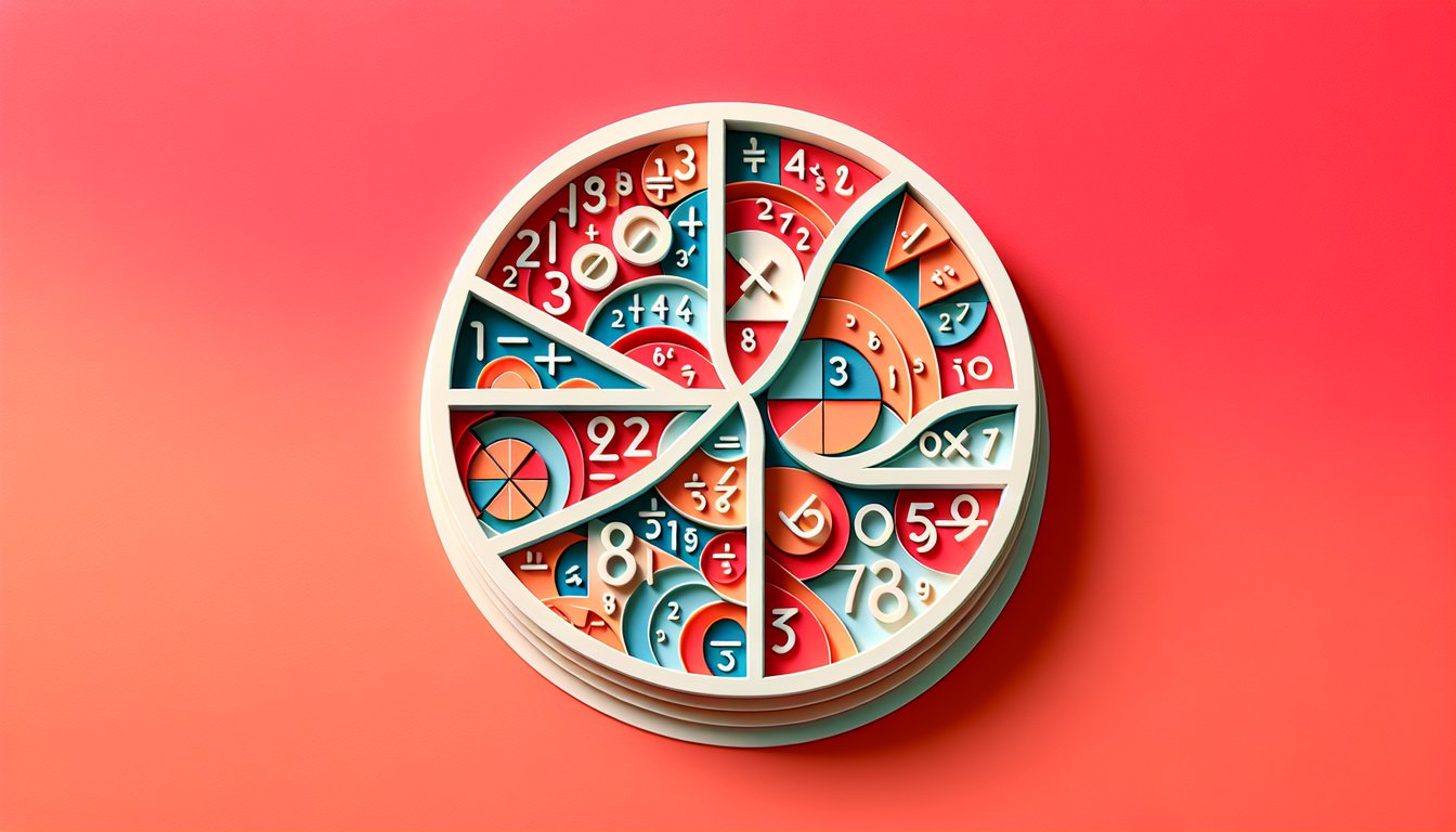 Paper art style fraction division quiz illustration with cutout fractions numbers on coral background
