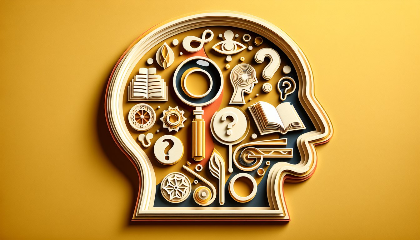 Paper art for curiosity quiz with magnifying glass, journal, question marks, playful shapes on golden yellow background