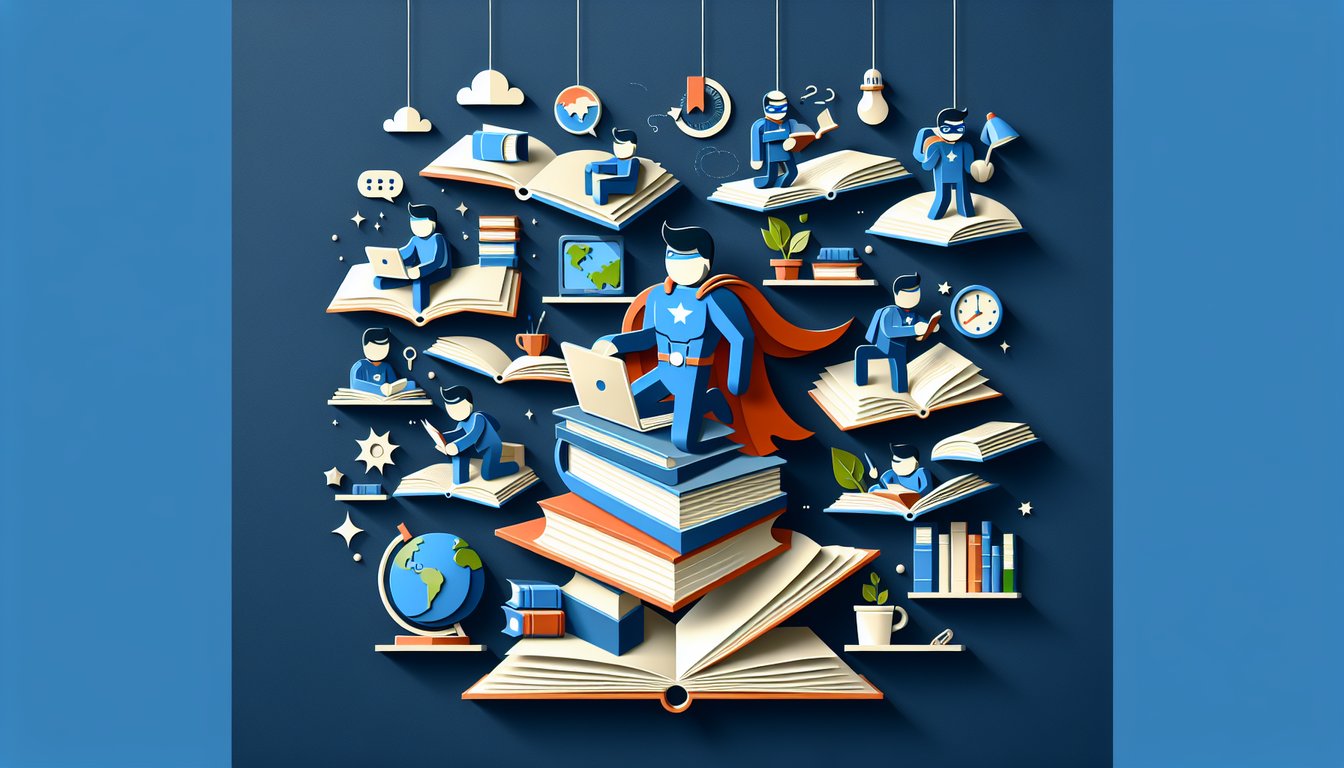 Paper art illustration of superhero students reading books with pencils and study icons on dark blue background