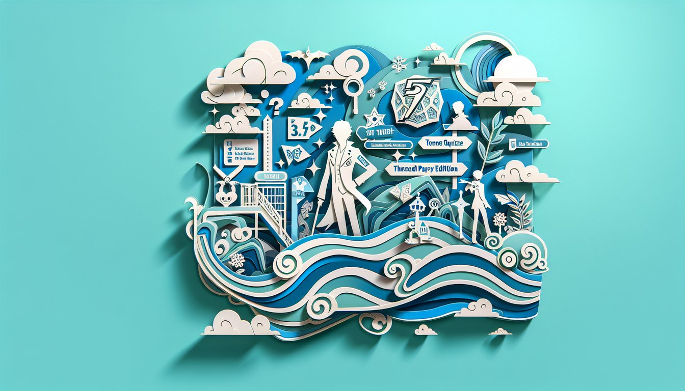 Paper art quiz illustration for Persona 5 Royal TV Edition on teal background with character masks and question marks