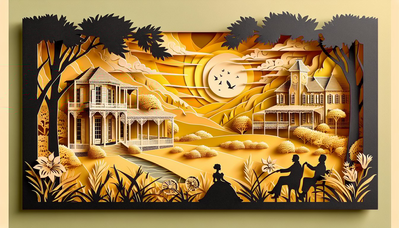 Paper art illustration with film reel and clapperboard on golden yellow background for Gone with the Wind trivia quiz