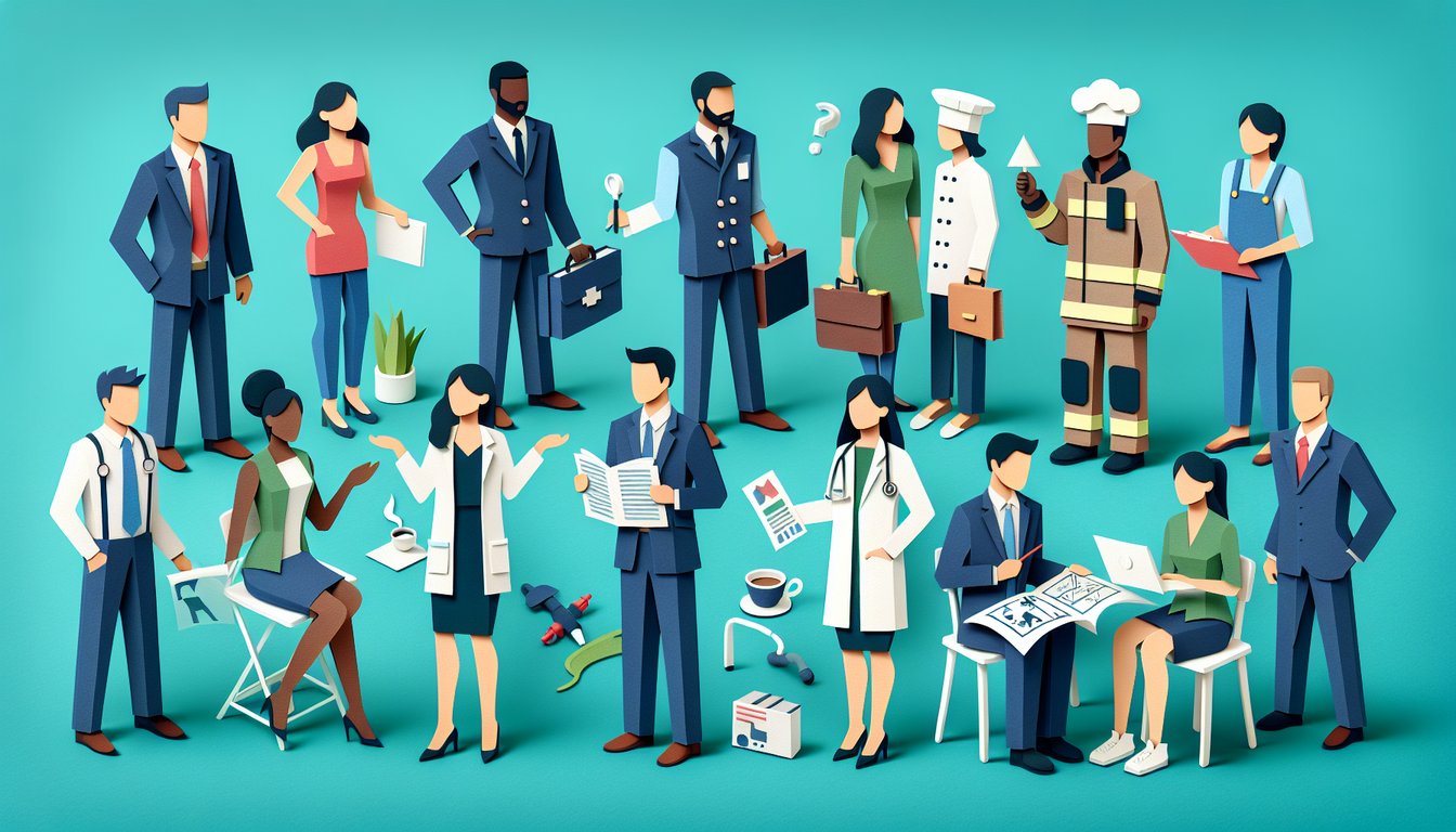Paper art style quiz illustration about equal employment opportunity featuring question and answer icons on teal background