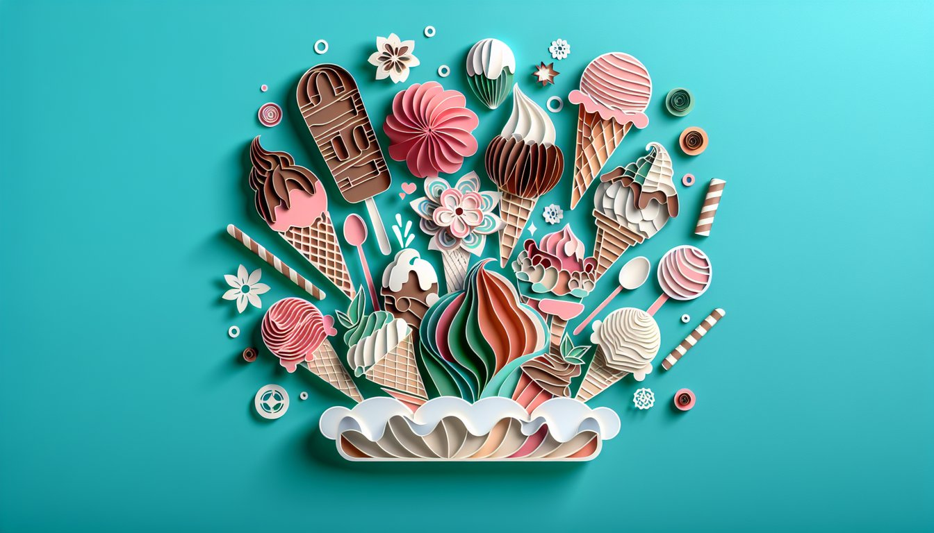 Paper art ice cream cones and scoops in bright colors surround quiz headline text on teal background