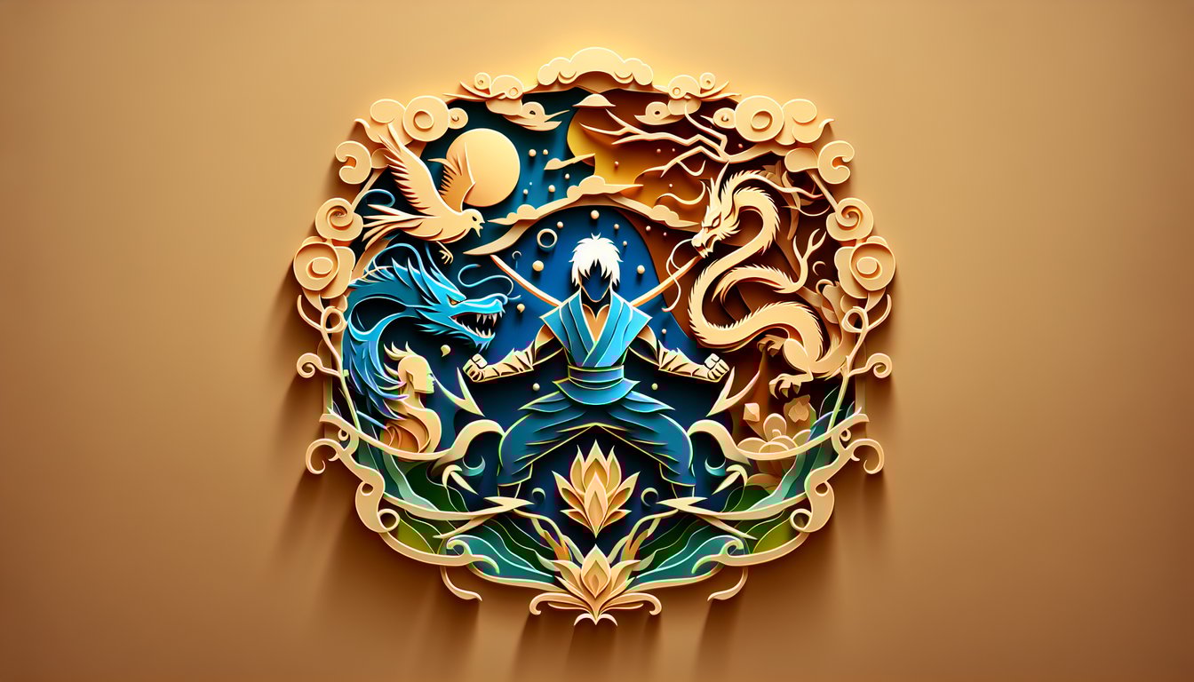 Paper art with stylized fighter silhouettes on a golden yellow background promoting a Dragon Ball Z personality quiz