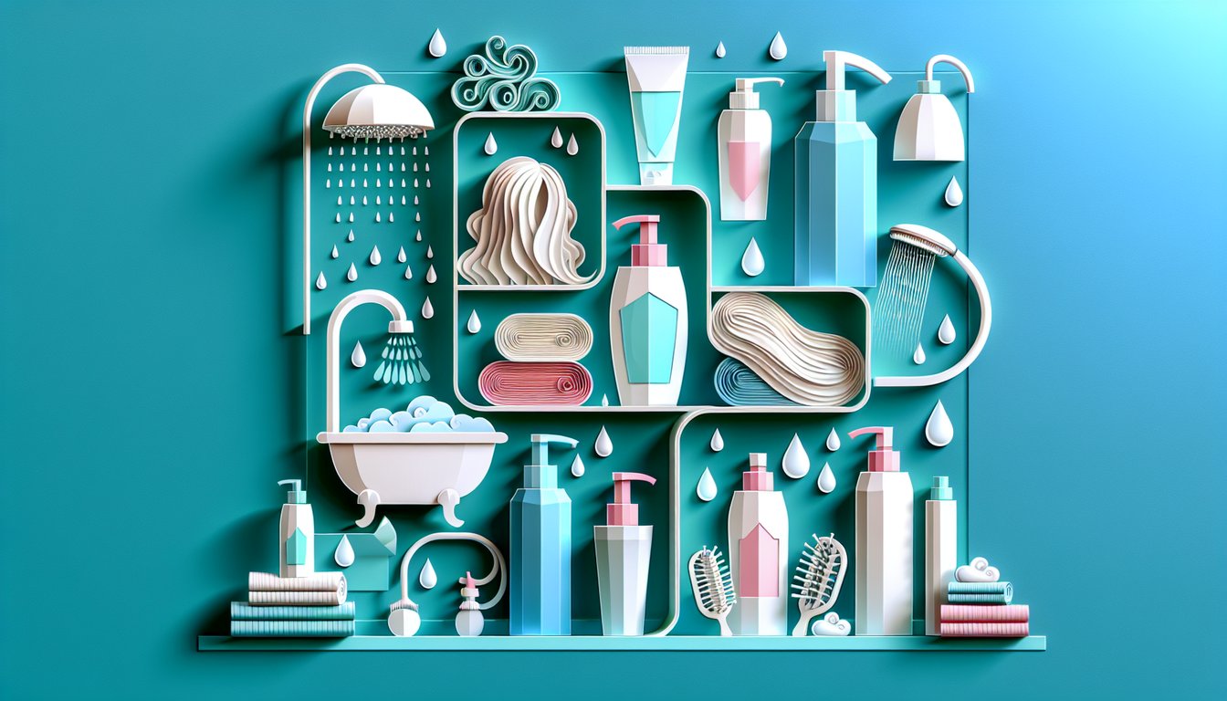 Paper art illustration for hair washing frequency quiz on a teal background