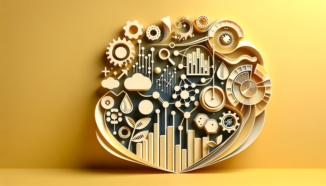 Paper art illustration of stem and leaf plot charts with pencil notes and feedback icons on golden yellow background
