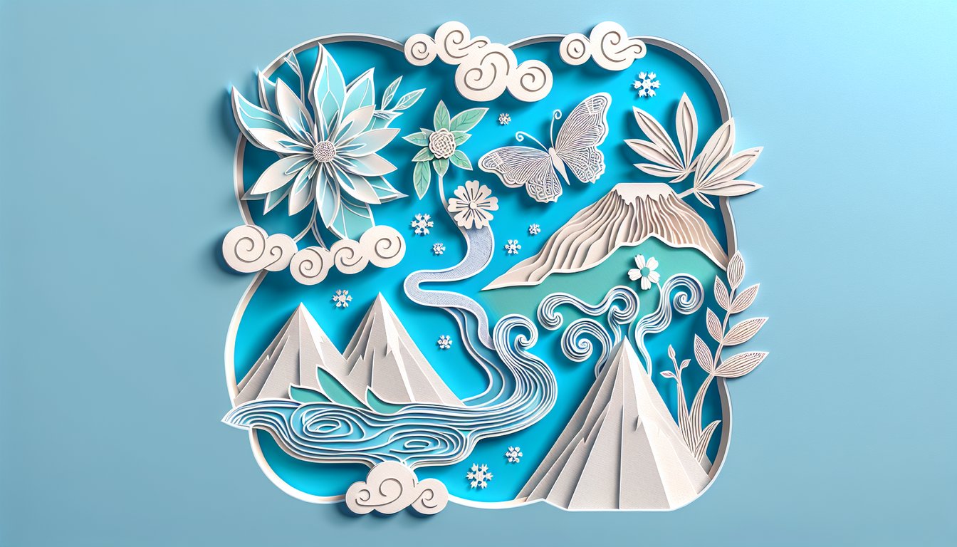 Paper art style illustration of Mushishi quiz theme with abstract nature motifs on sky blue background.