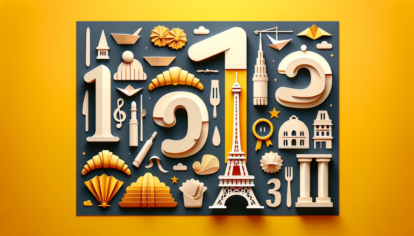 paper art quiz showcasing free French numbers 1 to 10 multiple choice questions on a golden yellow background