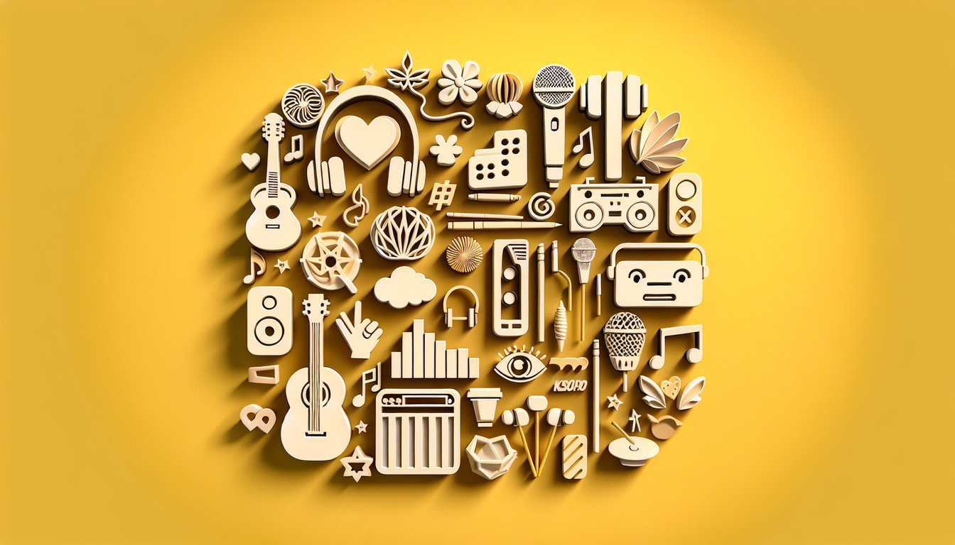 Paper art illustration for K-pop agency fit quiz on a golden yellow background